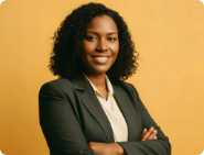 A typical founder after being coached at The Founder's Edge Lab — coaching for female founders who want to scale without burnout. A woman of color smiling, radiating confidence and strength.